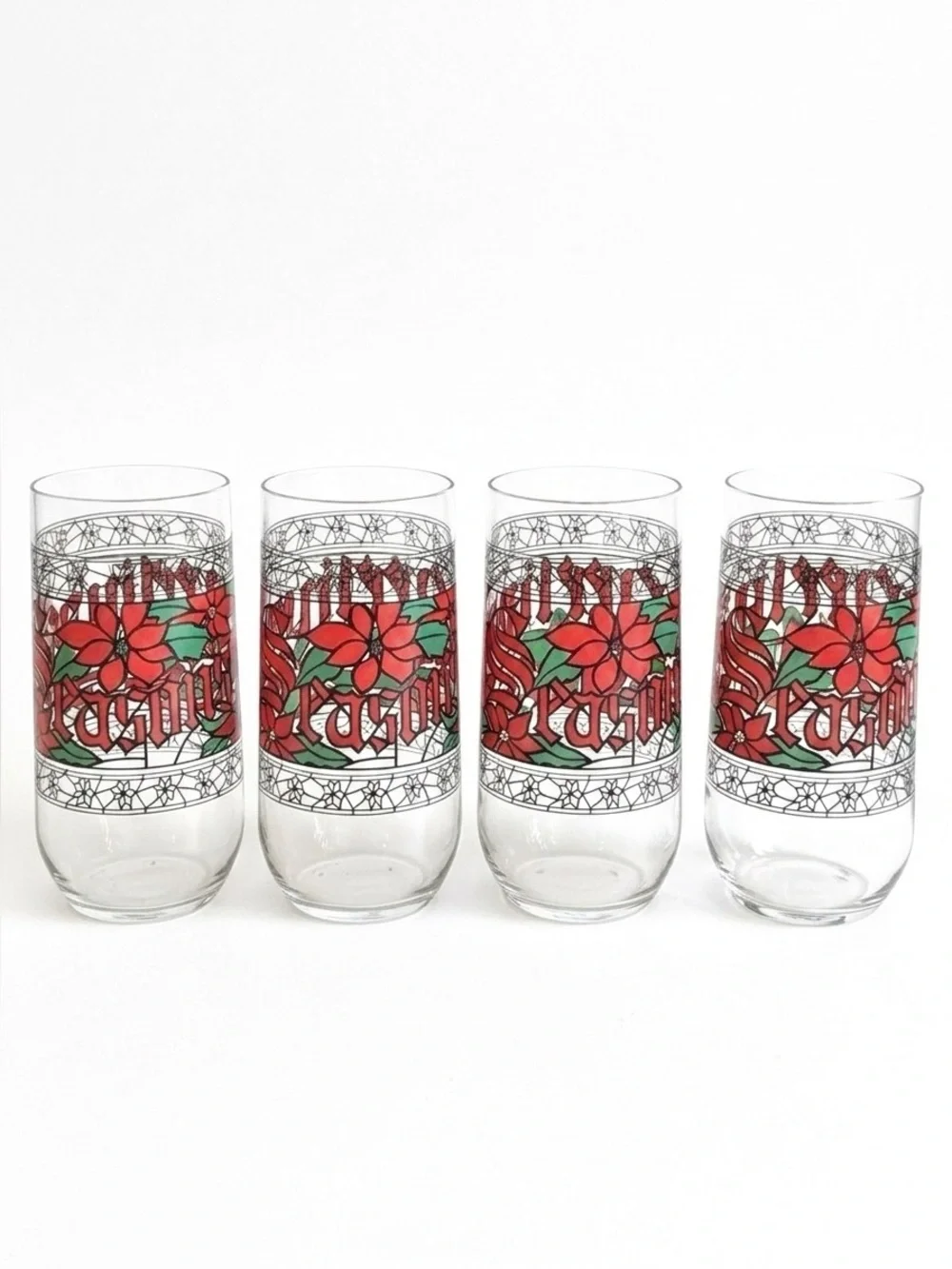 Vintage Houze Glass Season's Greetings Poinsettia Stained Glass 16oz Tumblers 4